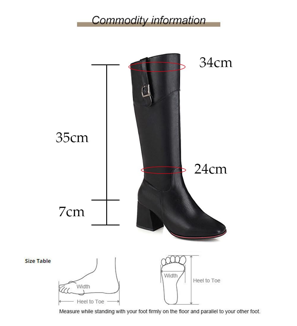 Botas de Caña Alta Mujer con Puntera Cuadrada hasta la Rodilla con Lado Cremallera y Tacón Grueso 7CM