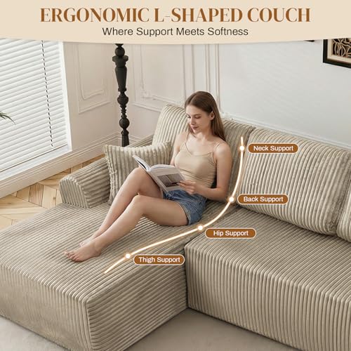 Image of 110 inch L Shaped Boneless Sectional Couches for Living Room, Comfy Corduroy Floor Cloud Sofa with Chaise, Wide Armrest, Deep Seat, Memory Foam, Assembly Free, Ideal for Small Spaces, Brown