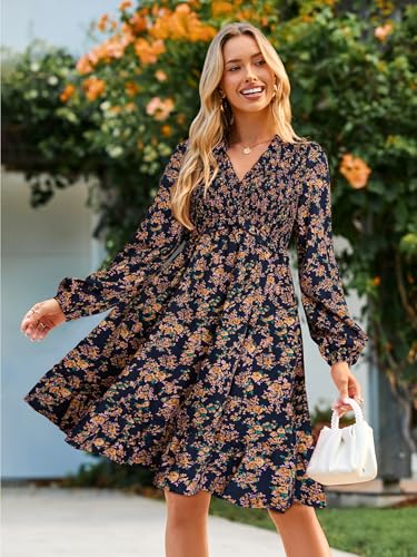Simplee Womens 2025 Long Sleeve Babydoll Mini Dress Smocked Floral Fall Flowy Casual Short Dresses with Pockets3