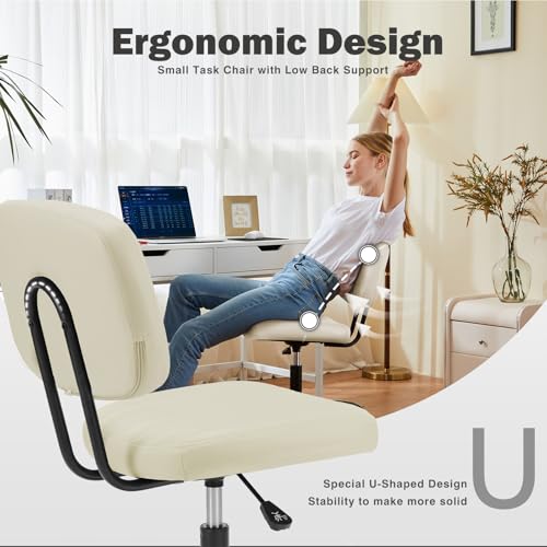 Image of DUMOS Small Armless Home Desk Executive Chair with Low Back Lumbar Support, Height Adjustable PU Leather Computer Office Chair with 360 Swivel Wheels for Kids and Adults, Beige