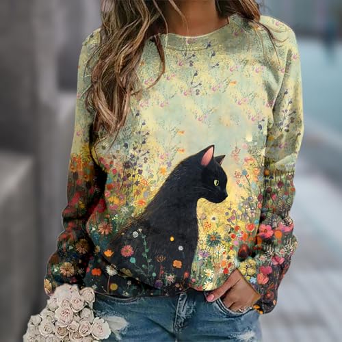Cat Sweatshirt Women Cute Graphic Crew Neck Sweatshirts Casual Long Sleeve Lightweight Pullover Loose Shirts2