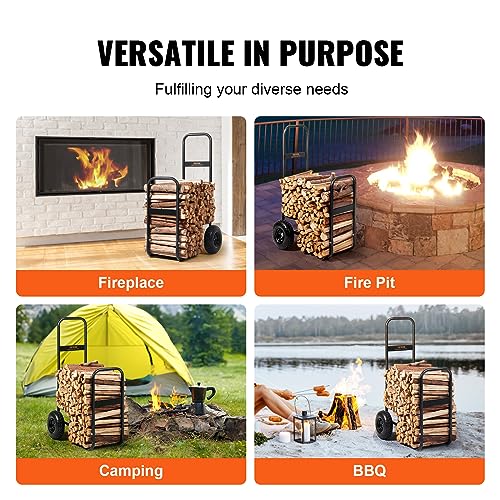 Image of VEVOR Log Cart 250 lbs Load Capacity, Outdoor and Indoor Wood Rack Storage Mover with Pneumatic Rubber Wheels, Heavy Duty Steel Dolly Hauler, Firewood Carrier for Fireplace, Fire Pit, Black