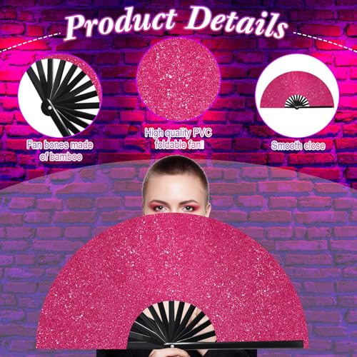Image of Vercraft 13'' Large Rave Fan for Women Rave Accessories Festival Outfits Glitter Hand Folding Clack Fan for Line Dancing EDM Music Festival Outfits(Rose Gold)