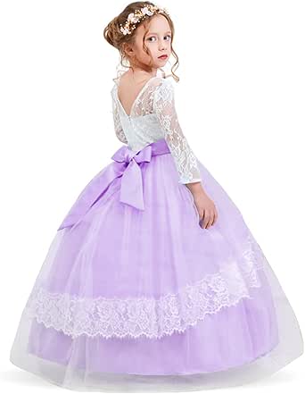 NNJXD Flower Girl Tulle Dress - Elegant Princess Long Sleeve Party Dress