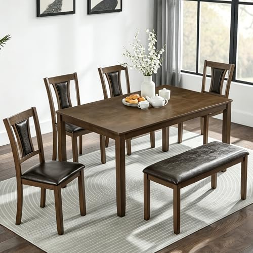 Image of KEIKI 6-Piece Standard Height Dining Table Set with Rectangular Table, 4 Upholstered Chair, Bench, for 6 Person, Farmhouse Rustic Style Table Set, Easy Assembly, for Kitchen, Dining Room, Walnut