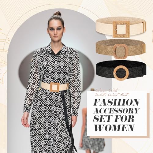 Image of Syhood 3 Pieces Straw Woven Elastic Waist Belt for Women Bohemian Dress Braided Belt