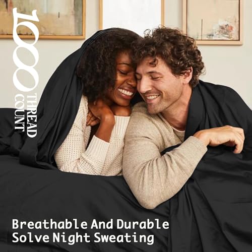 Image of 100% Egyptian Cotton Sheets Queen Size Bed Sheet - 1000 Thread Count Long Staple,16 Inches Deep Pocket,Bedding Super Soft Breathable,Sateen Weave,All Season 4-Pc Sets (Knight Black, Queen)