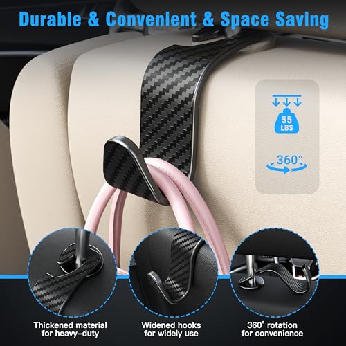 Image of 4-Pack Car Headrest Hooks Holds 55lbs Seat Storage Organizer for Bags | Durable ABS Material, 360 Rotating, Car Hanger for Backpack Umbrella Water Bottle Coat Handbags Groceries, Checkered Black