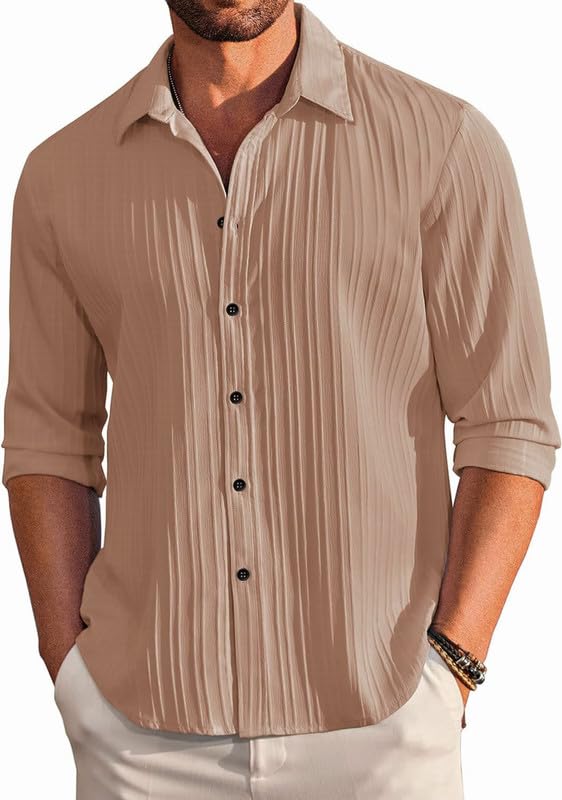 Image of DEELMO Men's Casual Button Down Shirts Long Sleeve Linen Shirt Fashion Textured Beach Summer Shirt