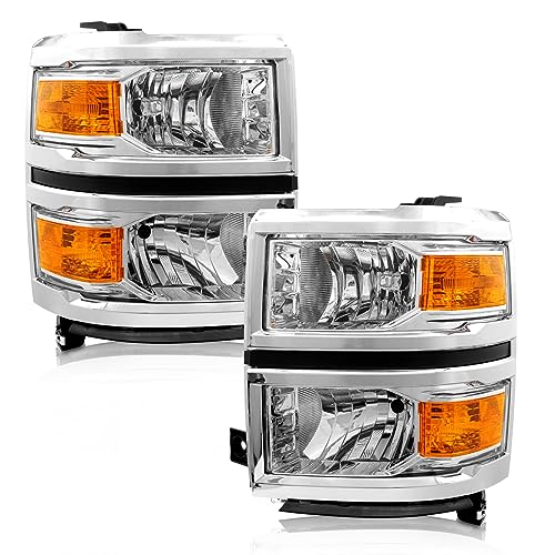 ADCARLIGHTS for 2014 2015 Chevy Silverado 1500 Headlight Assembly Halogen Factory OE Style Chrome Housing with Amber Reflector Left and Right Pair