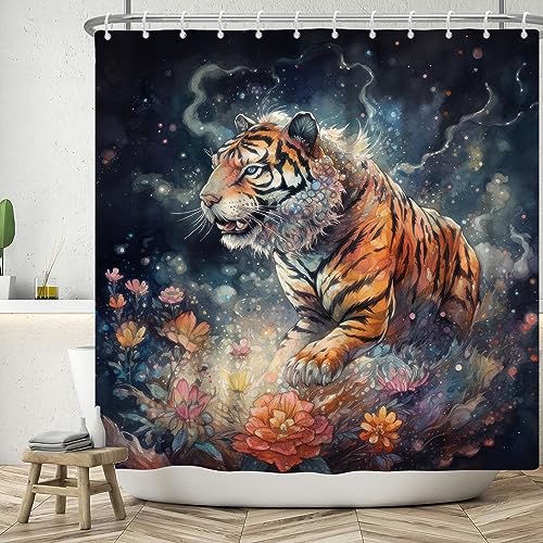 ASDCXZ Rideau de Douche Tigre 180x180 cm, Art Aquarelle Dominant Tigre Animal Rose Fleurs colorées...