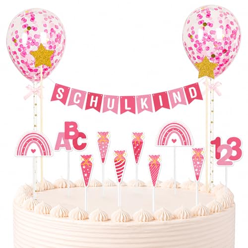 Gleevio 23 Stück Rosa Einschulung Tortendeko Girlande Set Papier Kuchen Deko Einschulung Mädchen Schulkind 2026 Mädchen Cake Topper Banner mit ABC Schultüte Cupcake Deko für 1. Schultag Partydeko