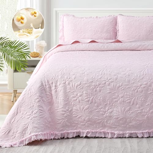 Uspring Pink Ruffled Floral Quilts Queen Size Soybean Fiber Filling Bedding Set 3 Piece...