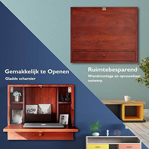 COSTWAY Wandgemonteerde tafel, opvouwbaar laptopbureau, multifunctionele kast met opbergvak en -lade, wand ophangende schrijftafel, compacte houten laptoptafel, zwevende wandbureau, computerbureau voor thuiskantoor (Bruin) - Afbeelding 3