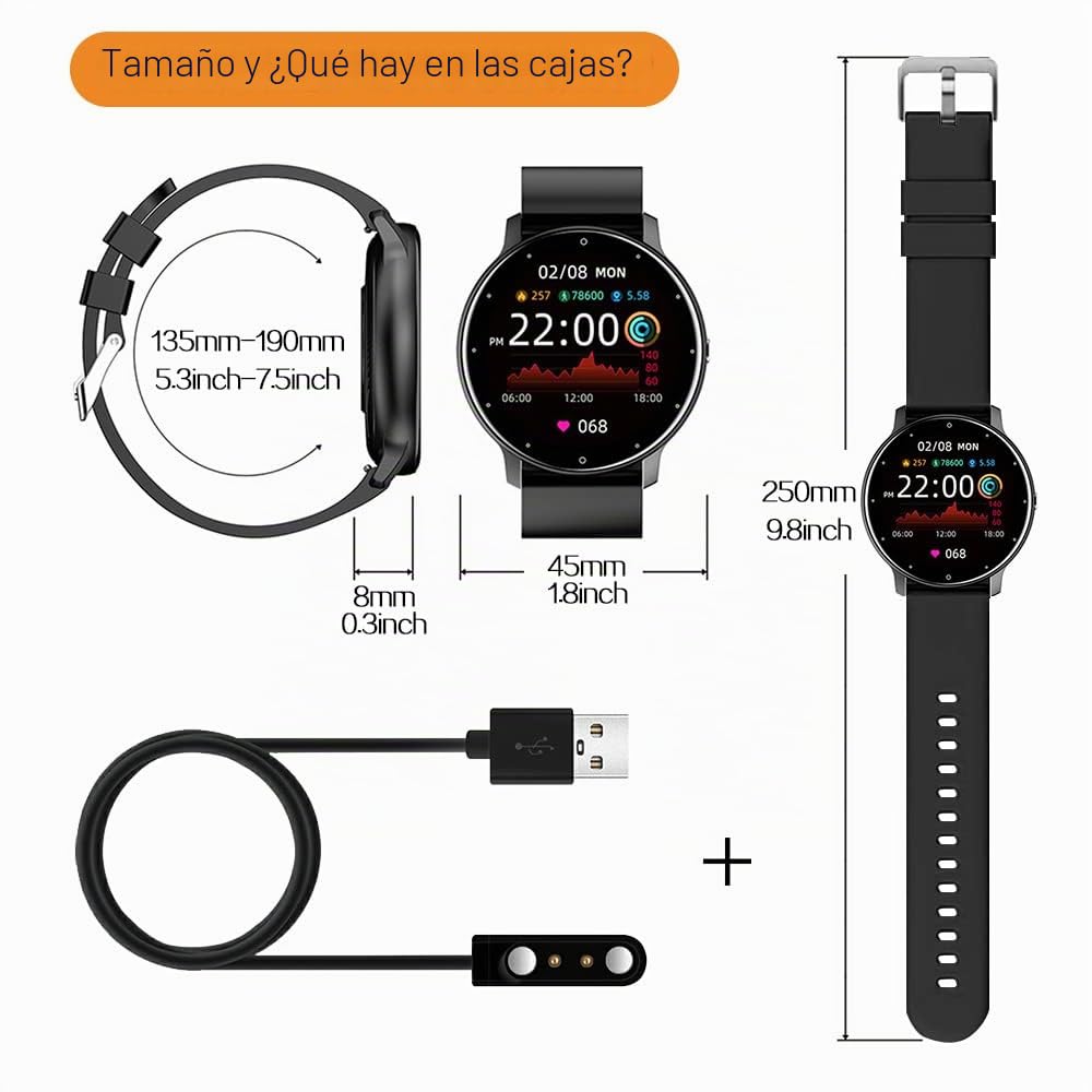0,8cm Ultrafino Reloj Inteligente Deportivo Hombre Smartwatch Pulsera Actividad Cuenta Pasos con Pulsómetro, Monitor Presión Arterial, Monitor de Oxígeno, Conectado con Teléfono Inteligente