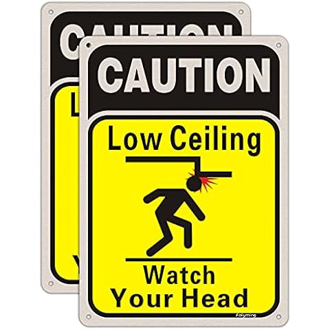 2 Pack Caution Watch Your Head Signs Low Ceiling Signs 10x 7 Inches Low Overhead Clearance Warning Sign, Metal Reflective Sturdy Rust Aluminum Weather Resistant Waterproof Durable Easy to Install Cover