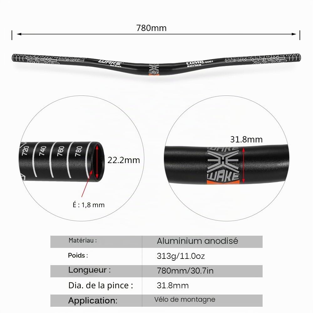 Lixada Tige de guidon pour VTT en alliage d'aluminium 31,8 mm + guidon plat 780 mm anodisé pour VTT, Nero(Set manubrio)