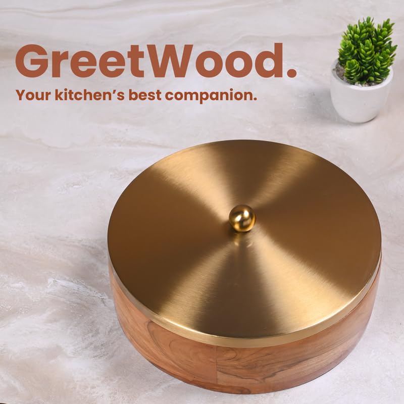 Image of Wooden Chapati Box for Kitchen - Casserole for Roti with Stainless Steel Brass Lid | Wooden Chapati Box with 1 Tong | Traditional Kitchen Organizer - Gold (Plane)