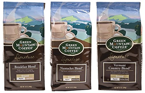 Green Mountain Coffee Bundle 3 Count - One 12 Ounce Breakfast Blend Ground, One 12 Ounce Nantucket Blend Ground, and One 12 Ounce Vermont Country Blend Ground