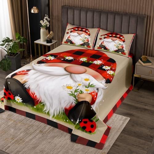 Erosebridal Gnome Lady Bug Quilt Set for Kids Boys Girls,Cute Gnome Print Bedspread Set Red and Black Buffalo Plaid Decor Coverlet Set Twin,Spring Natural Flowers Quilted Coverlet for Bedroom Decor
