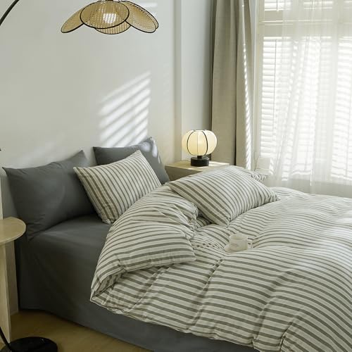 Image of LifeTB Full Size Comforter Set Grey Striped Comforter Set, 3 Pieces Retro Stripes Pattern Printed Comforter with 2 Pillowcases, Fluffy Soft Lightweight Breathable Striped Bedding Set for All Seasons
