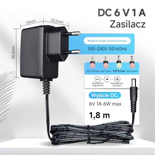 Zasilacz 6 V 1 A/1000 mA o długości 1,8 m, AC 100–240 V do DC 6 V 1 A 6 W, zasilacz do ciśnieniomierzy, wag elektronicznych i innych urządzeń, certyfikat CE