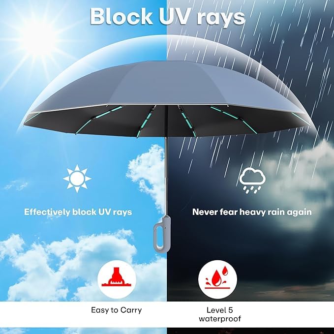 NISHIV Automatic Folding Umbrella with Carabiner, Gray GREY - Image 6