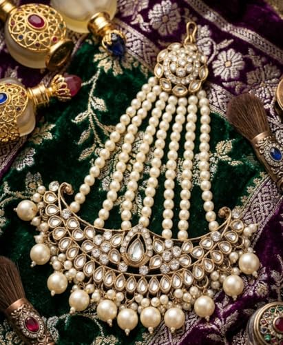 Image of Gold-Plated Head Passa Jewelry For Women Kundan Pearl Studded & Beaded Passa /Matha Patti Jhoomar Jewellery for Women & Girls Birthday Gifts
