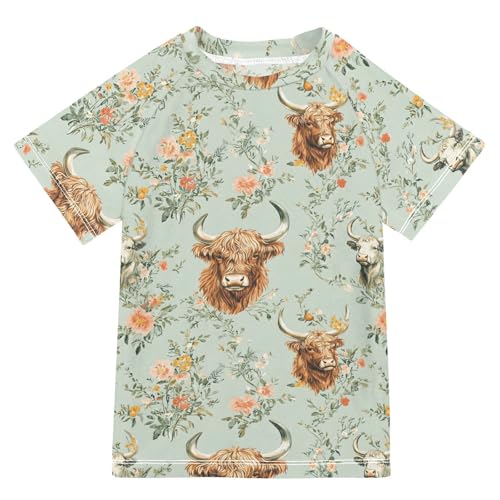 ALAZA Kids Rash Guard Girls Boys Toddler Swim Shirts Short Sleeve Buffalo Cows Flower UPF 50+ 3T