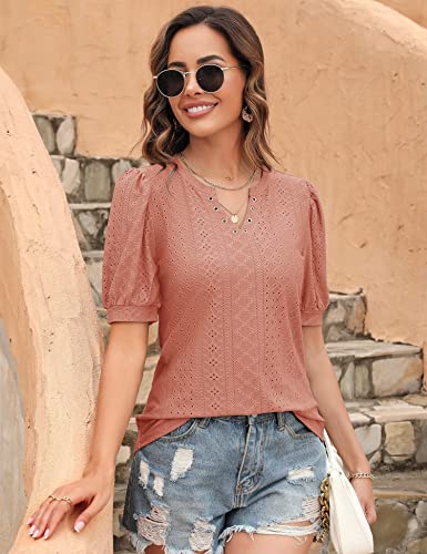 Luyaa 2023 Fashion Puff Short Sleeve Tops Office Cute Notch V Neck Slim Fit Blouses Shirts For Women Orange M #TOP1