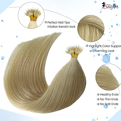 Besfor Nano Bead Ring Human Hair Extension, Pre Bonded Nano Tip Remy Hair Extensions Platinum Blonde Micro Beads Rings Loop Hand Tied Hairpiece 12 Inch For Short Hair 1G/Strand 50G/Pack #TOP2