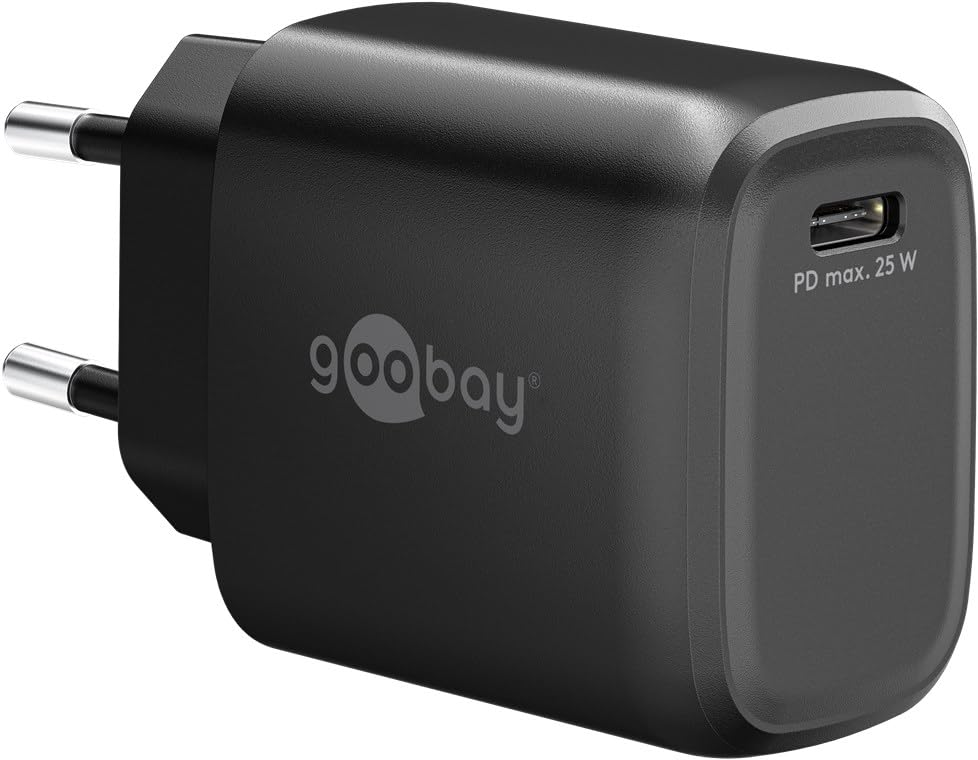 goobay Chargeur USB-C 25W avec Power Delivery (PD) - GaN Chargeur Rapide Compact 1 Port pour iPhone, Samsung Galaxy, iPad et Plus - Noir 79622