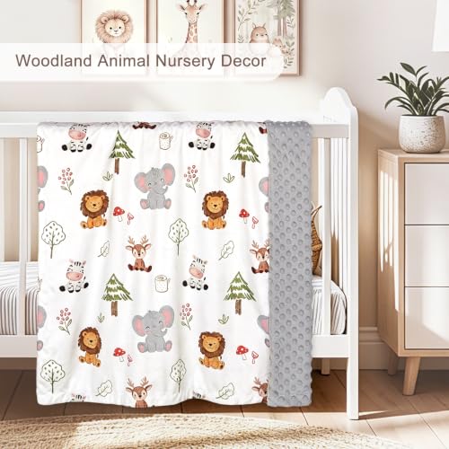 Image of HOMRITAR Animals Baby Blanket for Boys Girls Double Layer Dotted Backing | Soft Cozy Throw Blanket with Woodland Elephant Lion Print for Infant Toddler Nursery Crib Stroller Shower Gift 30 x 40 Inch