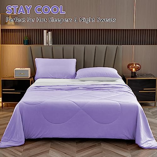 HOMFINE Cooling Comforter Japanese Double-Sided Cold Tech Fabric Cooling Blanket for Night Sweats Hot Sleepers, Q-Max 0.45 Soft Breathable Silky Smooth Lightweight Purple Summer Comforter Queen