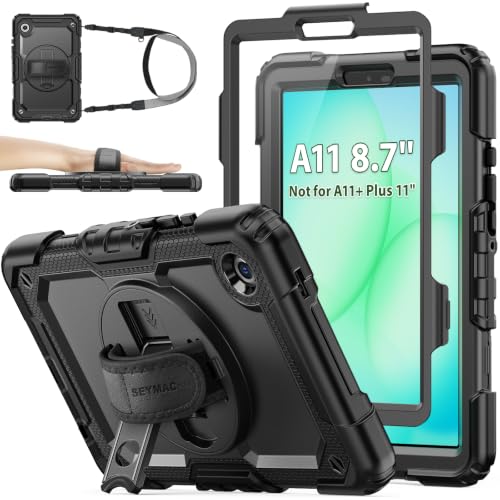 SEYMAC stock Case for Samsung Galaxy Tab A11 8.7 (Not for A11+Plus11) Full-Body Drop Protection Case with Screen Protector Pencil Holder [360 Rotating Hand Strap] &Stand Black