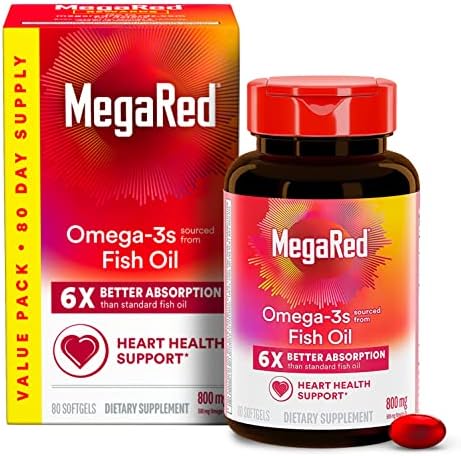 Omega 3 Fish Oil Supplement 800mg (per Serving), MegaRed Advanced 6X Absorption EPA & DHA Omega 3 Fatty Acid Softgels (80cnt Box), Phopholipids, Supports Brain Eye Joint & Heart Health