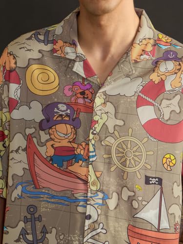 Image of The Souled Store Garfield: Pirate's Cove Men and Boys Short Sleeve Spread Collar Button Front Beige All Over Printed Rayon Oversized Shirts