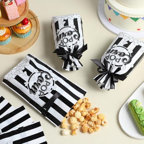 Image of 50 Pcs Popcorn Plastic Bags Circus Carnival Party Goodie Bags Bulk Movie Night Popcorn Container for Carnival Movie Night Theater Halloween Party Supplies (Black)