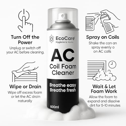 Image of EcoCare Air Conditioner Coil Cleaner | For All Condensers & Evaporators | AC Window Cleaning Coil Foam Spray | Safe On Coils and Fins | Powerful Cleaning Solution For Cooling & Airflow 600ML