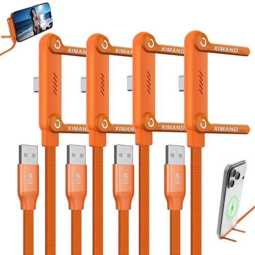 Image of Invisible Holder Charger Cable, 65W PD Fast Charging Cable for Desk, USB-A & Type-C to Cable 4.9 FT with 360 Adjustable Metal Stand, 2 in 1 Holder Charger for Gaming, Office, Home, Orange, 4 pack