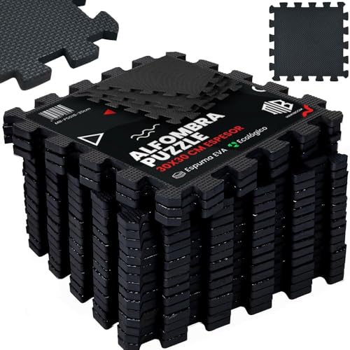 ManiBoom Suelo Gimnasio Acolchado Grueso de Caucho Fácil de Limpiar【30x30x1 cm】- Alfombra Gym Crossfit y Ejercicios en Casa - Esterilla Fitness Puzzle de Goma - Tatami Mat (Negro)