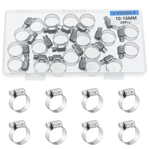 LIDUOLE 3/8-5/8 Inch Hose Clamp Stainless Steel Worm Gear Adjustable Hose Clamps 10-16MM Metal Hoseclamp for Radiator Automotive Pipe Fuel Line (Pack of 20Pcs)