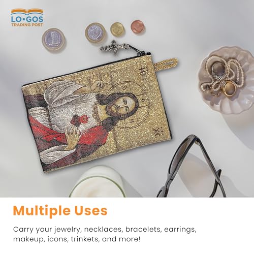 Image of TREE OF LIFE REV. 22:14 Catholic Rosary Pouch, 4 inch x 6 inch Jewelry & Coin Purse with Cross, Small Woven Tapestry Icon Bag, Bolsa de Rosario Catolico para Joyeria, Sacred Heart of Jesus & The Lord's