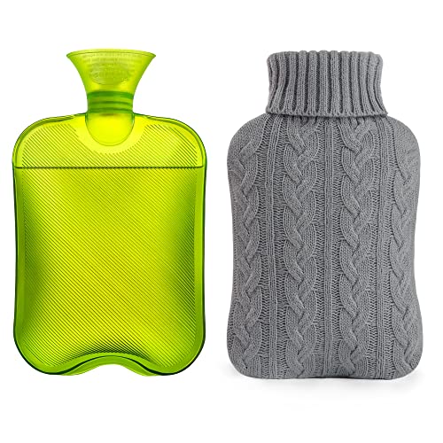 Image of Samply Hot Water Bottle- 2 Liter Water Bag with Knitted Cover, Transparent Green