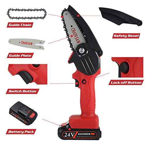 Mini Chainsaw, AUSHEN 4-Inch Cordless Battery Operated Chainsaw Portable Chain Saw, One-Hand Operation Pruning Shears Chainsaw for Tree Branch Trimming Wood Cutting Gardening (2 Batteries and 2 Chain)