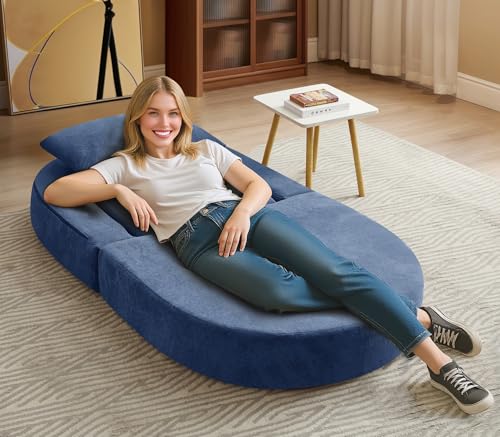 Folding Sofa Bed Chair, 2 in 1 Convertible Sofa to Lounger, High Density Foam Single Floor Sleeper Chair for Living Room, Apartment, Dorm, Small Spaces, Chenille Fabric and Wide Armrest, Blue