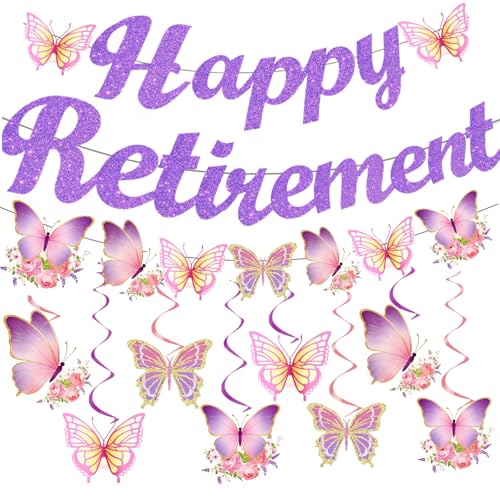 Image of Purple Butterfly Retirement Party Decorations for Women,Glitter Happy Retirement Banner with Butterfly Hanging Swirls,Retired Party Decor Supplies