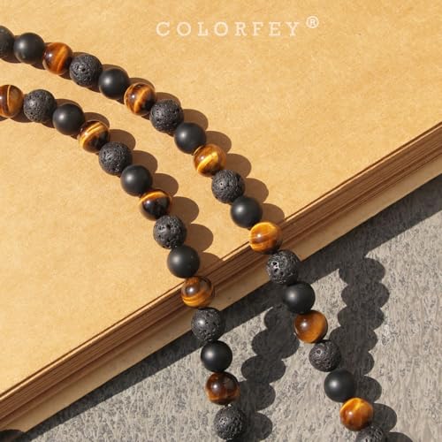 Protection Crystal Tiger Eye Necklace for Men, Natural Tourmaline Crystal Onyx Lava Stone Beads Necklaces for Men Handmade Gemstone Beaded Necklace, Mens Jewelry Gifts for Father Husband4
