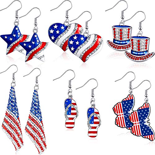 Hicarer 6 Pairs American Flag Earrings for Women USA Patriotic Dangle Earrings for Labor Day, 4th of July Red White Blue Decorations for Party Favors(Stylish Style)