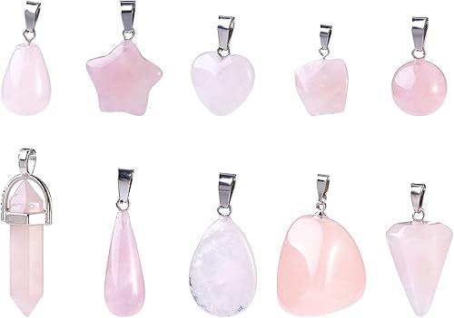 FASHEWELRY 20 dijes de piedras preciosas de cuarzo rosa natural, estrella en forma de lágrima, corazón, forma de bola, forma de pepita, dijes de